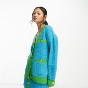 Y.A.S. Boucle button through cardigan in blue and green